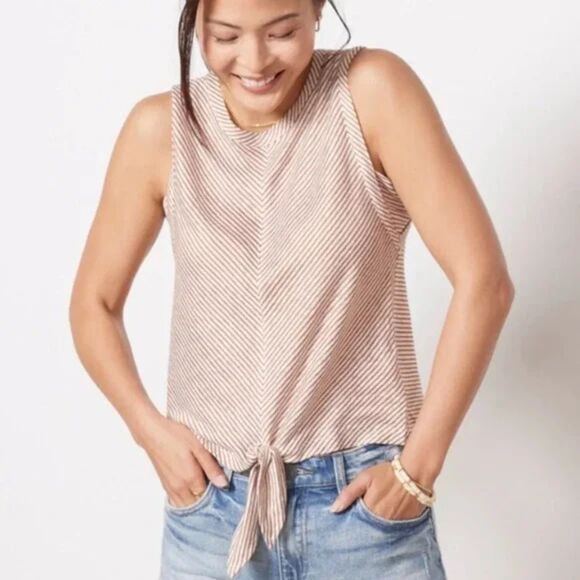 Evereve | Brown and Cream Striped Sleeveless Tie-Front Top | Small - Picture 1 of 10
